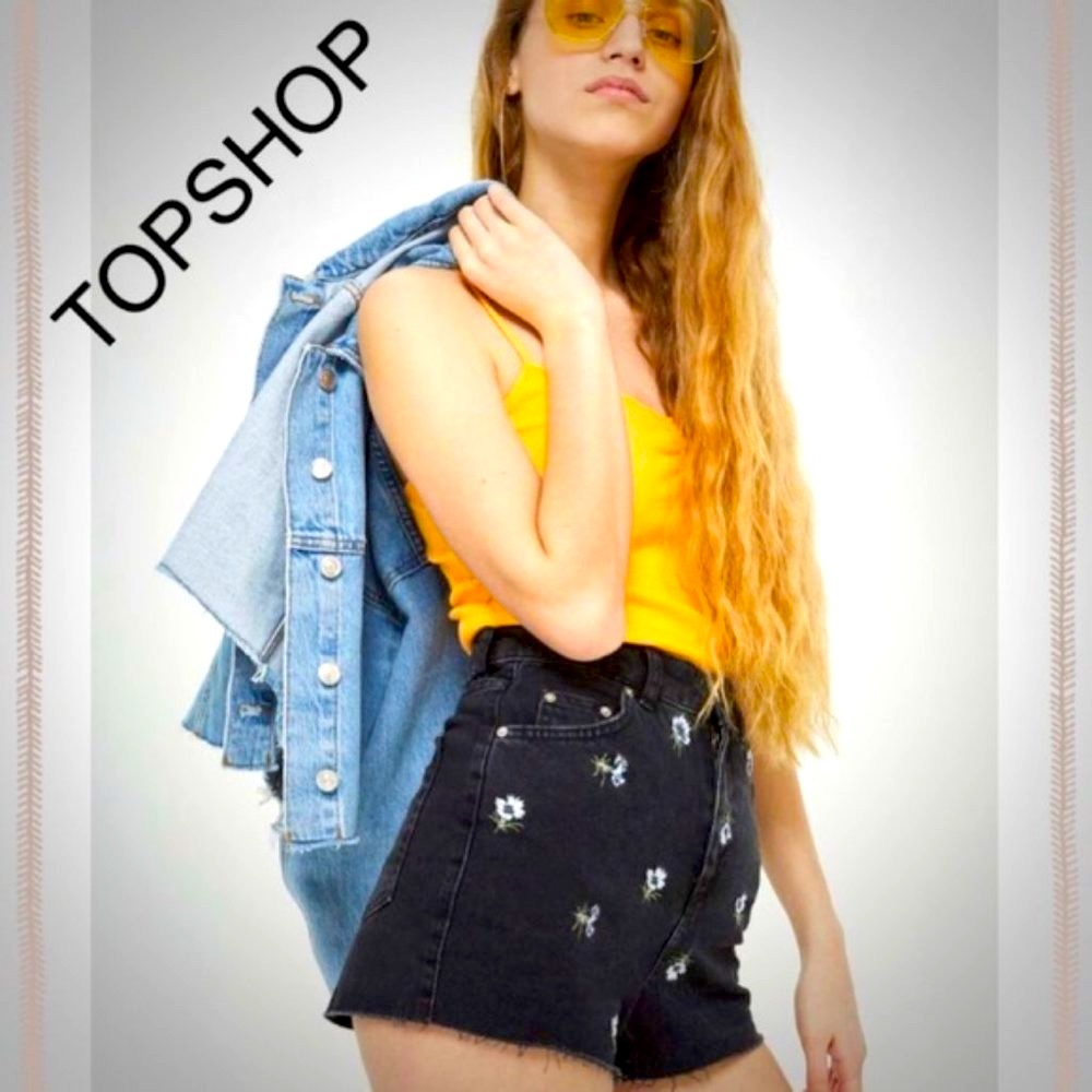 TOPSHOP High Waisted Embroidered Floral Shorts Distressed Black Denim NWT - Picture 5 of 5